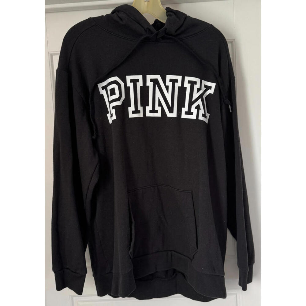 PINK Victoria's Secret Hoodie Womens Size L Black Pullover Sweatshirt